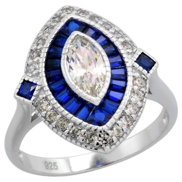 Sterling Silver Marquise CZ 9mm Synthetic Baguette Blue Sapphires Ring